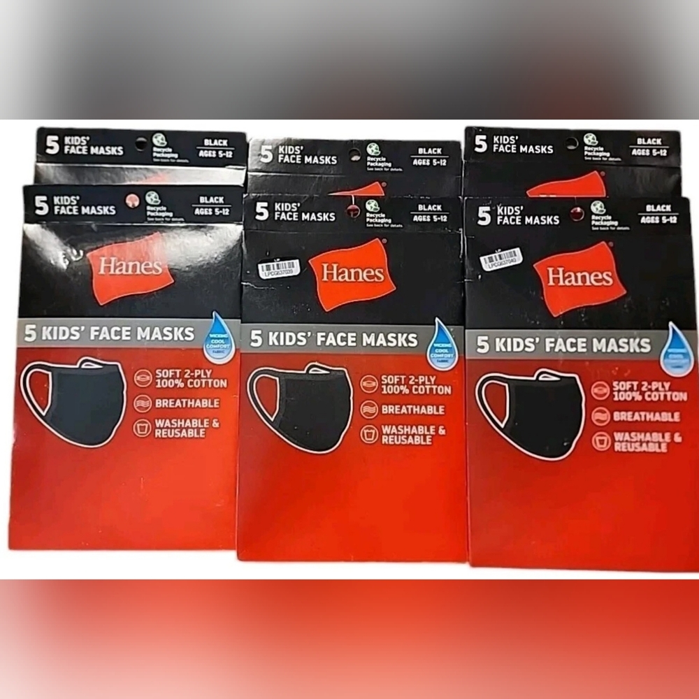 6 Packs Of 5 Hanes Kids 100% Cotton Fabric Reusable Face Mask Washable Black